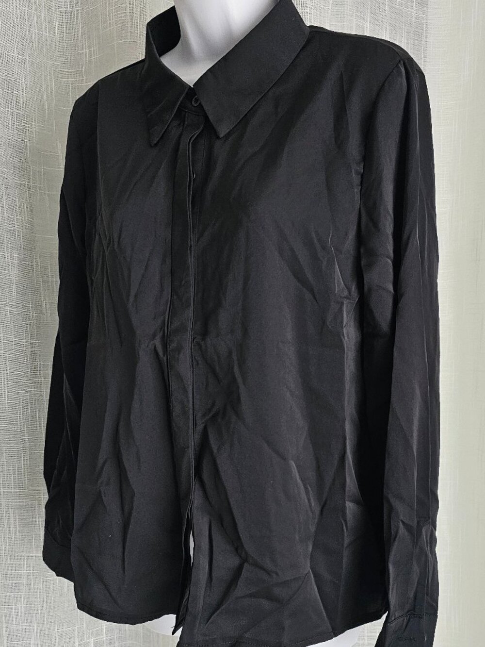 Women Button Down Casual Solid Color Long Sleeve Shirt Black Size L NEW